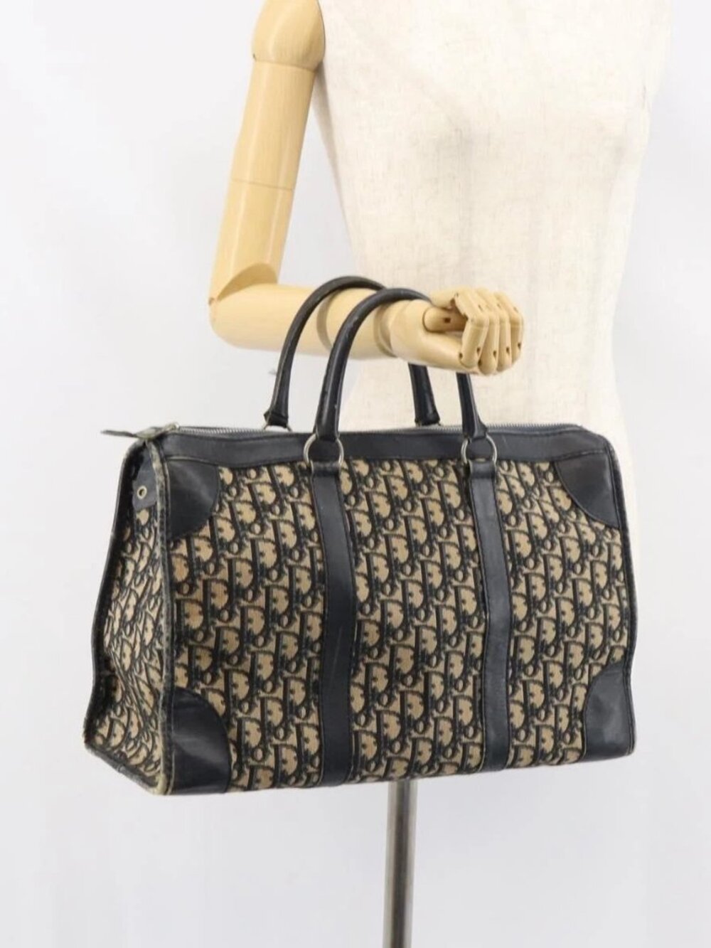Christian Dior Trotter Canvas Boston Bag Navy Silver Auth 158691